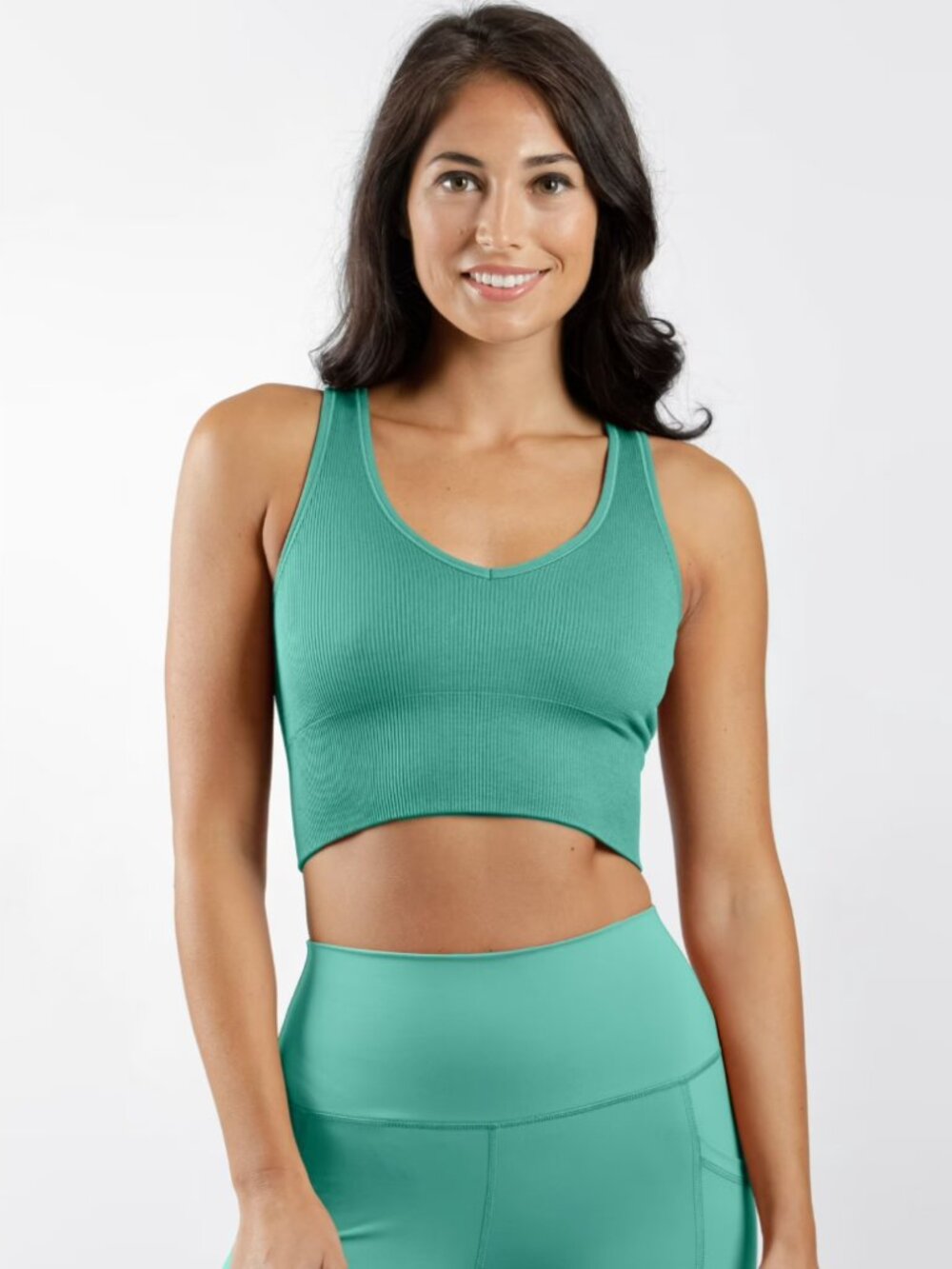 90 Degree by Reflex Ribbed Seamless Strappy Back V-Neck Cropped Tank - L, Green